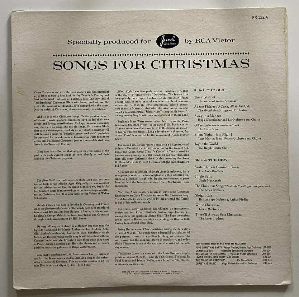 Songs For Christmas The Old and The New LP RCA Victor Jewel Food Stores vg++ Foto 2 de 3