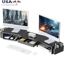 Dual Monitor Stand Ergonomic Height Adjustable W/ Storage Drawer  Pen Holders