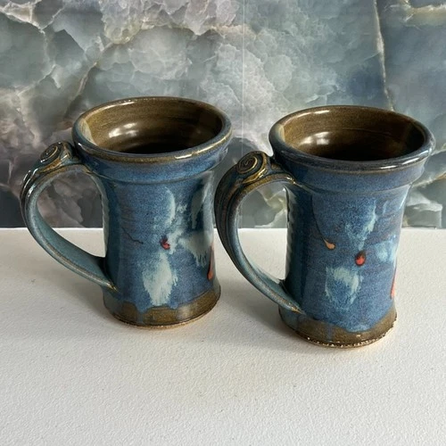 Vintage Art Pottery Set of 2 Coffee Mugs 5.75” Teal Signed