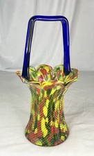 Vintage Murano Style Basket Vase With Handle Hand Blown Petal Rim Multicolor 9"H