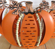 NEW Lot/3 Fall Pumpkins Orange Metal Free Standing Wood Bead Accents, 9"x9"ea.