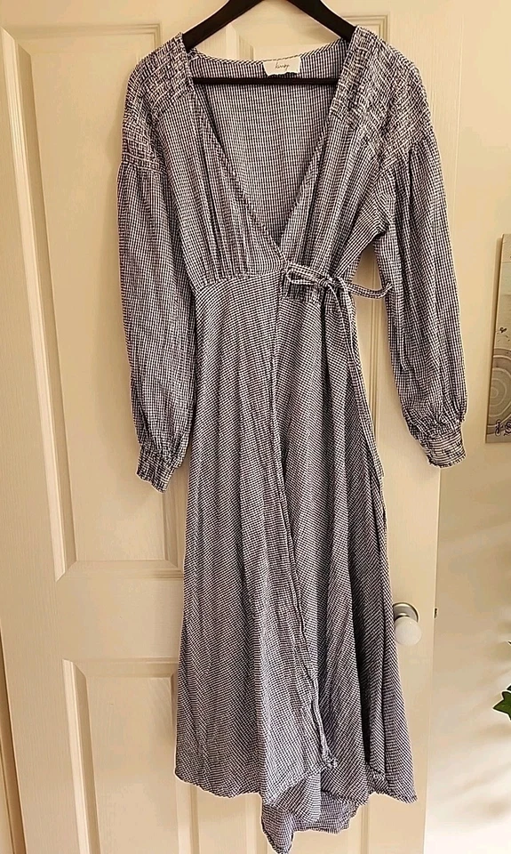 KINNEY BLUE DENIM GINGHAM WRAP MIDI DRESS  SZ Large 12  14 Lolita Dress - image 4 of 4