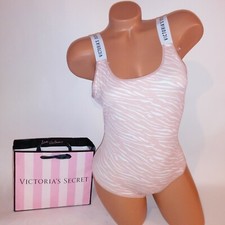 Victoria Secret Lingerie Teddy One Piece Bodysuit Animal Print Logo Straps Beige