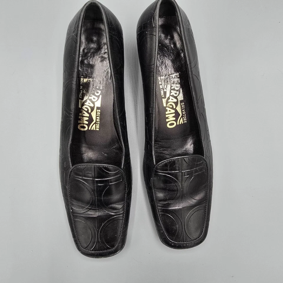 Винтажные черные кожаные мокасины Salvatore Ferragamo с тиснением узор ганчини (6B) - Изображение 4 из 4