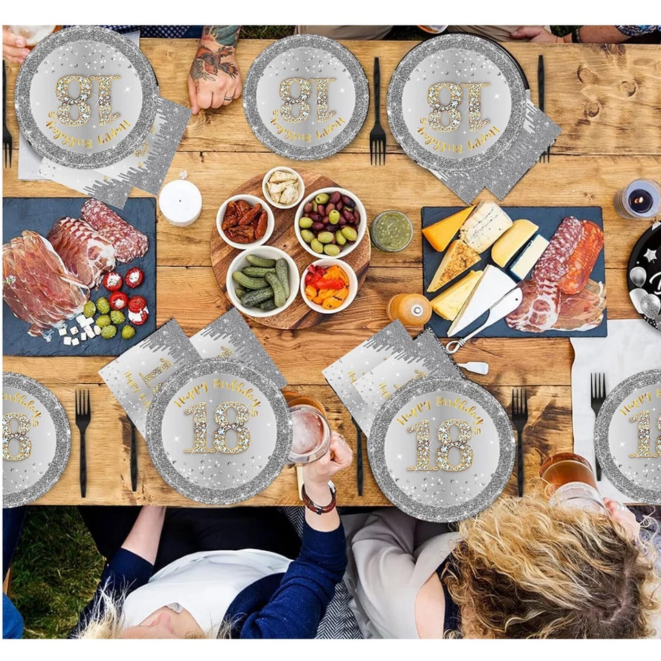Juego de platos y servilletas de fiesta de cumpleaños 18 16 piezas platos de postre de papel modernos a... Foto 4 de 4