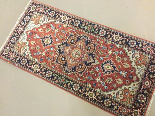 2’ X 4’ Rust Navy Blue Small Geometric Hand Knotted Oriental Area Rug Wool - Picture 7 of 12