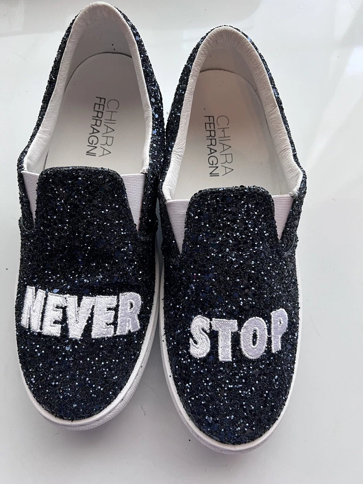 Chiara Ferragni "Never Stop" Blue Glitter Slip On Sneaker Sz EUR 38 - Image 3 of 4