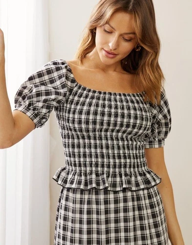 Check Top Off Shoulders Size 10 Black An White Work Wedding Festival Casual - Picture 2 of 4