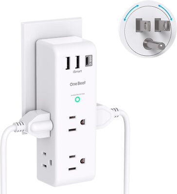 6 AC Multi Plug Outlet with 3 USB Ports (1 USB C), 1800J Wall Charger, 3-Sided P