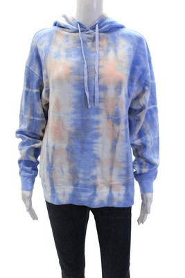 WSLY Womens Pullover Logo Tie Dyed Hoodie Sweatshirt Blue Peach Cotton Size 2XS