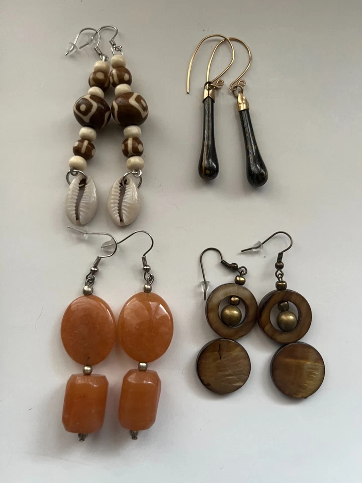 珍珠 Cowrie Tiger 眼睛 Aventurine 穿孔耳环 4 双悬垂 3 英寸美国制造 K4 — 第 4/4 张图片