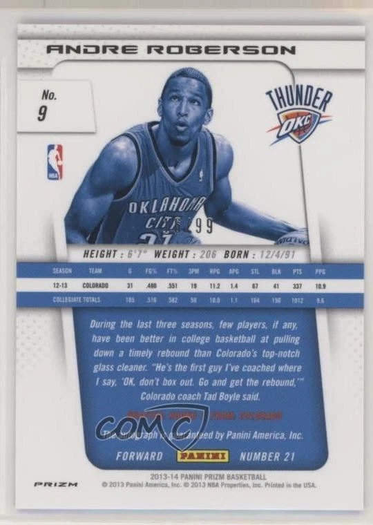 2013-14 Panini Prizm Wal-Mart Blue /99 Andre Roberson #9 Rookie Auto RC - Image 2 of 2