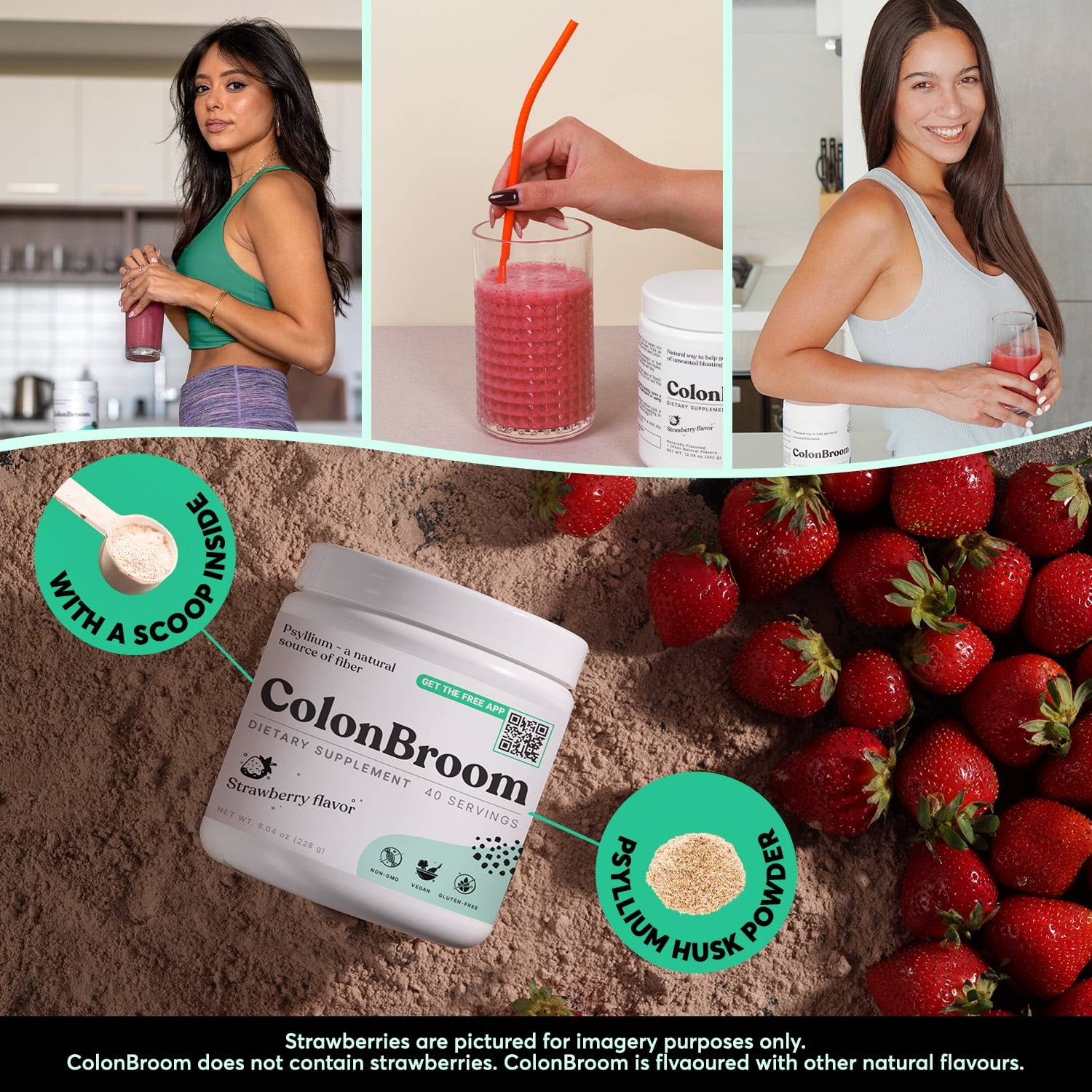 ColonBroom Psyllium Husk Powder Colon Cleanser - Fiber Supplement, Strawberry