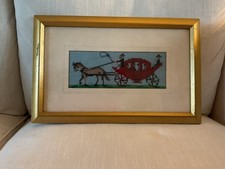 Vintage Framed Needlepoint Red Coach Carriage w/Horse Under Glass 15.75" x 10"