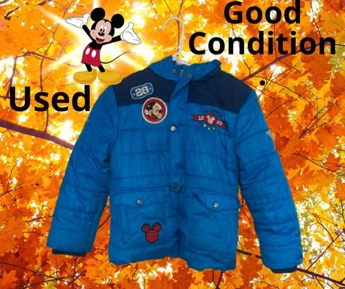 Disney STORE Mickey Mouse Kids Blue Puffer Winter Jacket Hooded Size M 7/8 Years - Picture 1 of 16
