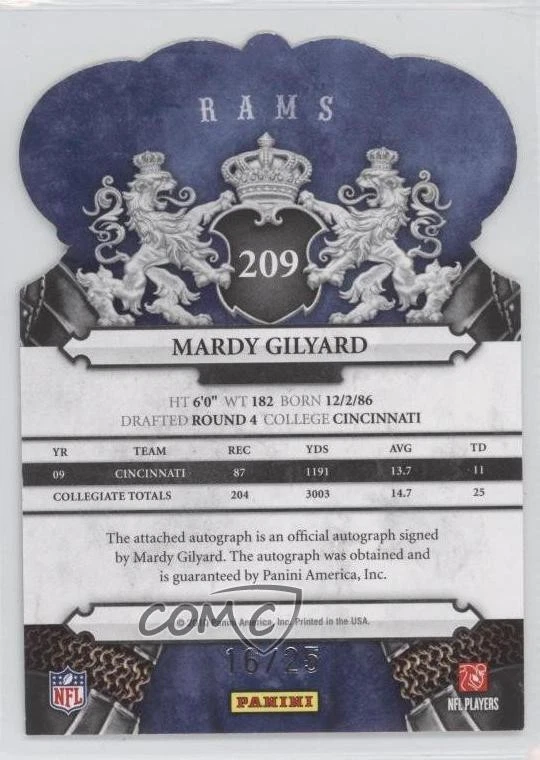 2010 Panini Crown Royale Gold Signatures /25 Mardy Gilyard #209 Rookie Auto RC - Image 2 of 2