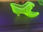 Fenton Yellow Topaz Opalescent Hobnail Uranium Glass Cat Head Shoe Slipper Glows