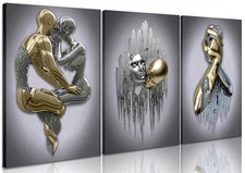 Modern Bedroom Wall Art Set of 3-3D Metal Effect Couple Canvas Paintings Wall...