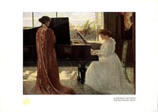 George Sauter Frühlingsklänge Frauen am Klavier Histor. Farb- Kunstdruck v.1907