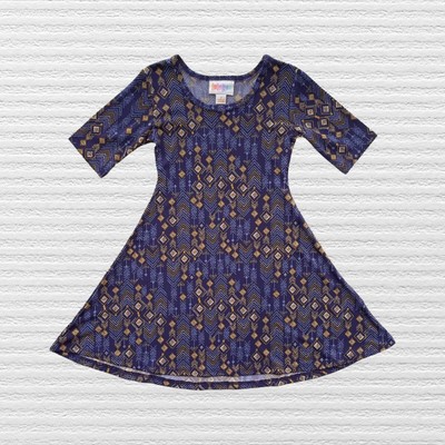 New LuLaRoe Toddler Girls Adeline Chevron Swing Dress Blue Gold 3/4 Sleeve Sz 2T