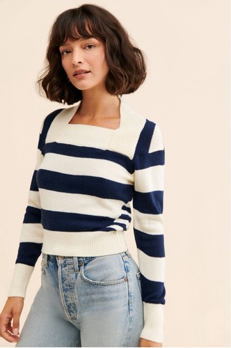 Anthropologie Kourt Sweater Monica Striped Large Blue Cream Cropped Square Neck - Picture 12 of 15