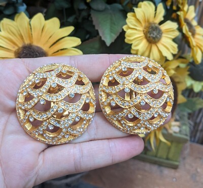 Signed Elee Large Round Dome Runway Clear Rhinestone Gold Clip Earrings *READ*