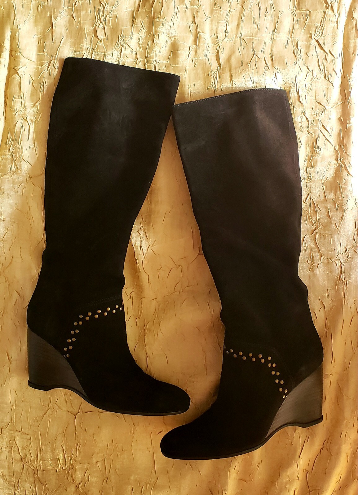 HOGAN $750 BLACK SUEDE BRASS STUDS TALL BOHEMIAN BOOTS 38.5 7.5