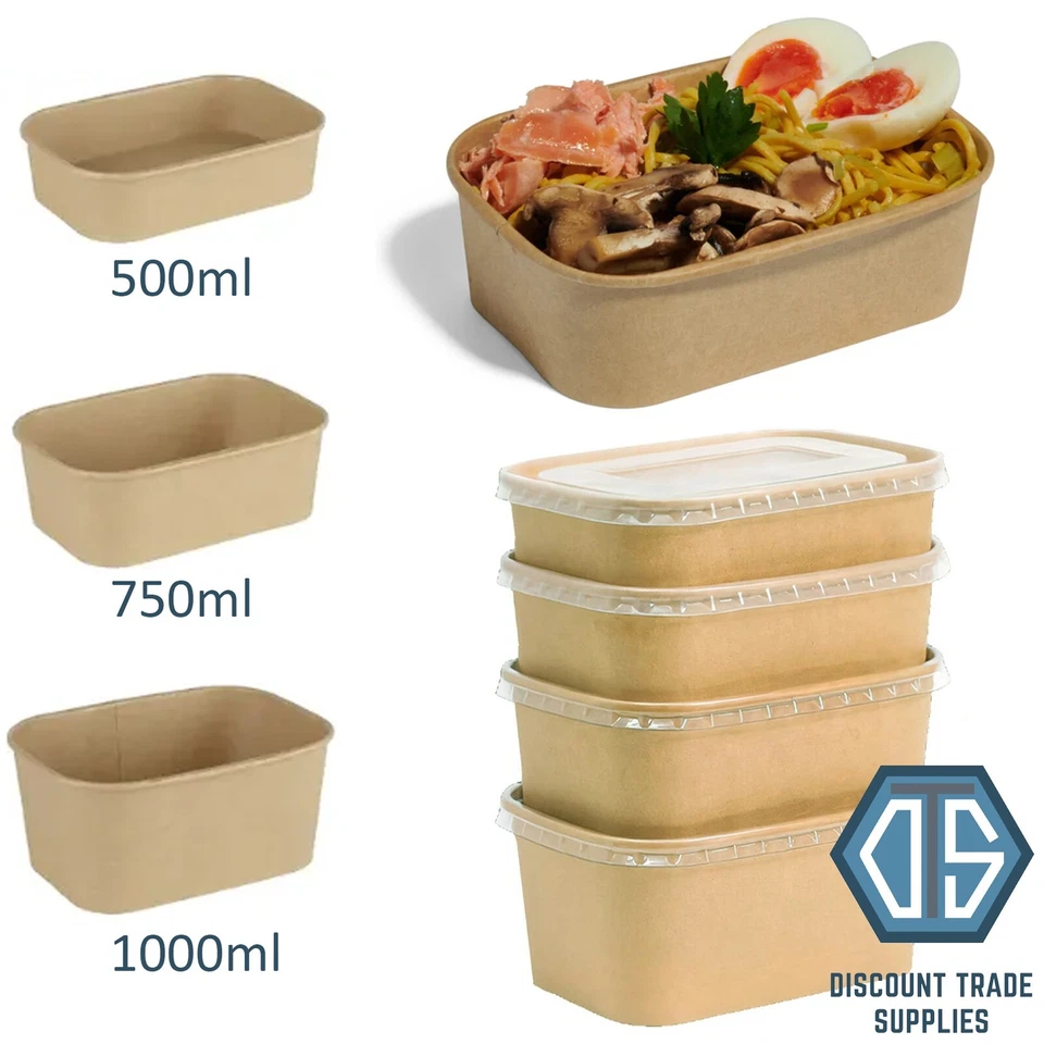 Kraft Disposable Rectangular Paper Takeaway Bowls with Lids Hot Food Deli Salad