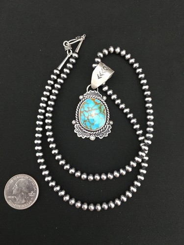 Navajo Sterling Silver Necklace Spiderweb Turquoise 2.25" Pendant 13918 - Picture 10 of 12