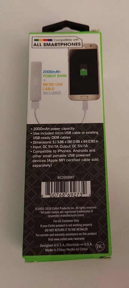 Cargador portátil Cellet 2000 mAh Power Bank para dispositivos Apple y Android BLANCO Foto 2 de 2