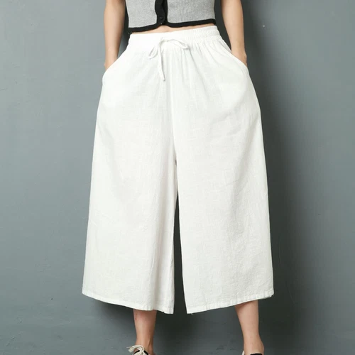 US XL Womens Cotton Linen Pants Comfort Cropped Casual Trousers Wide Leg Summer - Bild 3 von 9