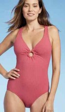 Kona Sol Women's Wide Ribbed Center Ring One Piece Swimsuit Dark Pink L 12-14