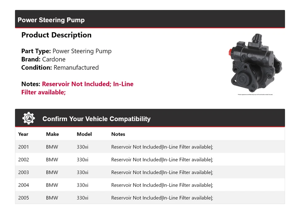 Bomba de dirección asistida Cardone para BMW 330xi 2001-2005 2002 2003 2004 Foto 2 de 4