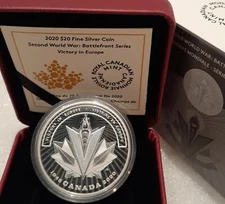 1945-2020 Victory in Europe $20 1OZ Silver Coin Canada Battlefront V-privy Torch