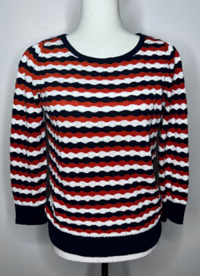 Milly New York Knit Sweater Size Medium Red White Blue Striped Long Sleeve
