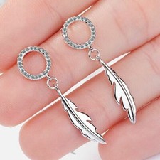 Crystal Feather Drop Stud Earrings 925 Sterling Silver Women Jewellery Gift UK