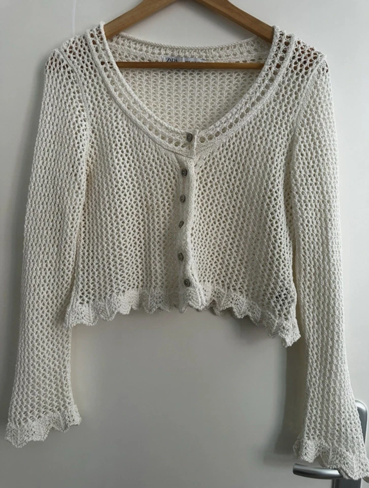 ZARA Boho Crochet Strickjacke M Creme | Ibiza Festival Cardigan - Bild 1 von 4