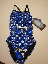 New  Dolfin -  Reliance One Piece Race Swimsuit Blue Geo Pattern - Sz 24
