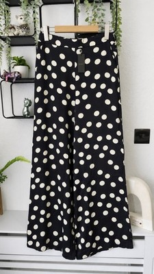 Warehouse Satin Polka Dot Wide Leg Trousers UK 10 Black Cream Retro Chic NWT