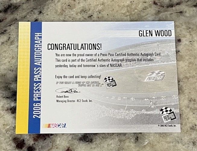 Glen Wood 2006  Press Pass Authentics Autograph NASCAR Wood Brothers Racing - Image 2 of 2