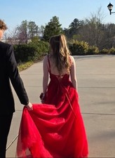 Red Formal Prom Dress with Floral Lace and Bead Embellishments