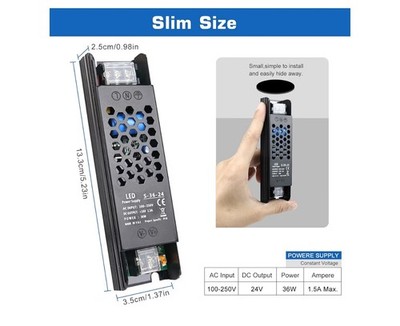 LED Driver 24V 36W 1.5A Slim Power Supply AC 110V/240V to DC Adapter Constant...