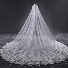 1 Tier Cathedral Length sequin Lace Edge Crystal Wedding Bridal Veil with Comb