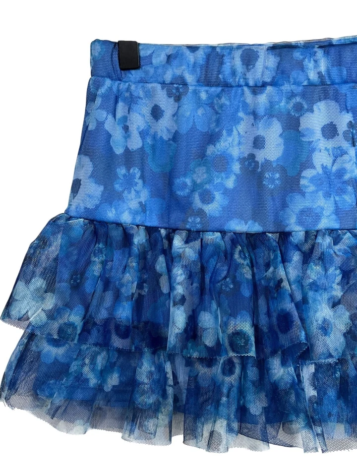 Justice Girls 14 Blue Floral Tiered Mesh Skort Ruffle Pull-On Skirt Shorts - Image 3 of 4