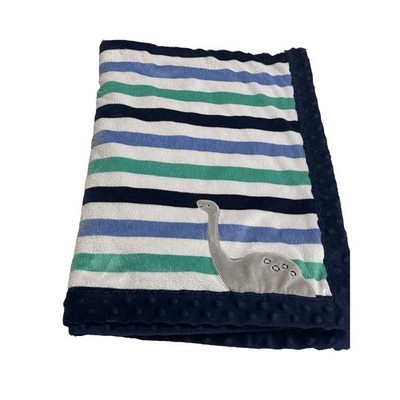 Carter's Child of Mine Striped Dinosaur Blanket Blue Plush Minky Sherpa Dot Trim