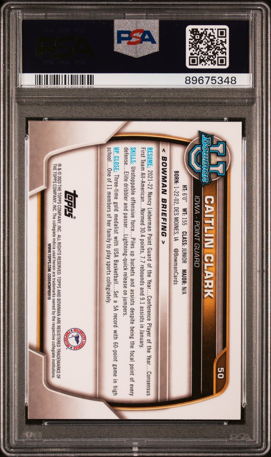 Graded 2022 Bowman University Caitlin Clark #50 Rookie RC Card PSA 10 view 2