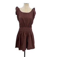Free People Erin Ruffled Mini Dress Cut Out Back Linen Brown Size Large