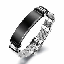 Men's Stainless Steel Silver/Black Mesh Bracelet w/ Black Plate & Clasp Bangle