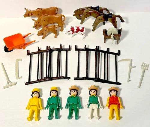 Vintage Playmobil 2 HORSE 2 BULL 5 People Farm TOYS Western Cowboy Geobra 1974