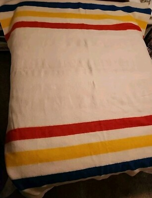 Vtg ORRLASKAN 100% Pure Wool Blanket 3+3 Stripes Red Yellow Blue